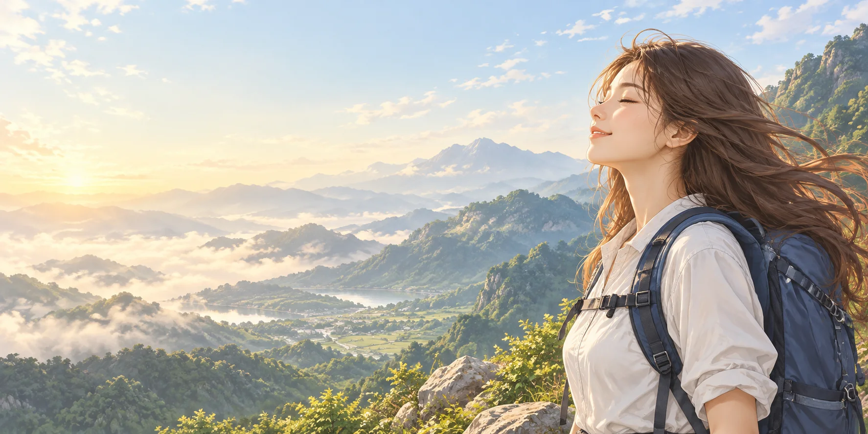 一位旅人迎著晨光，眺望層層山巒與綠色山谷